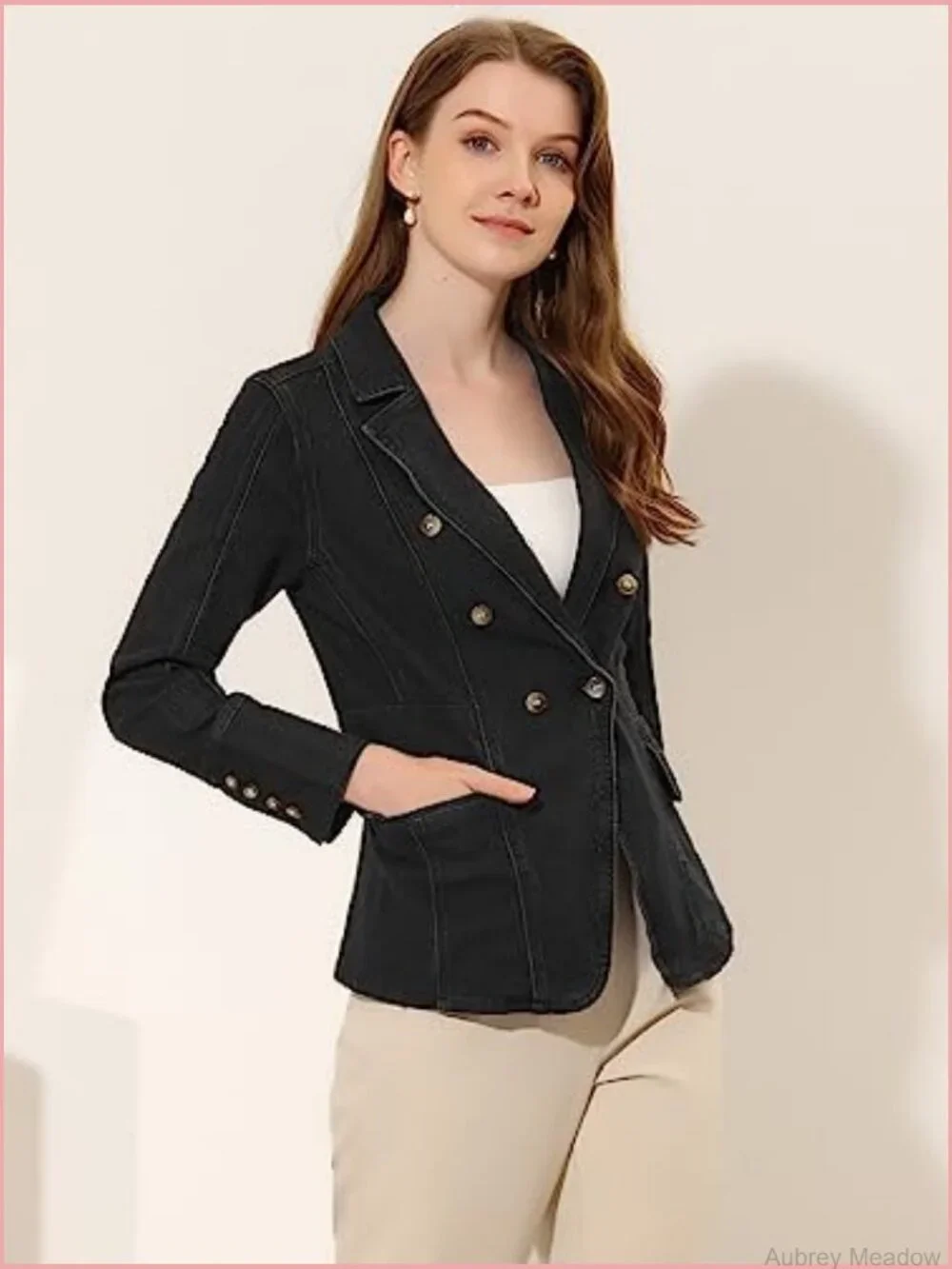 Women's Denim Jacket Button Down Notched Lapel Long Sleeve Office Blazer